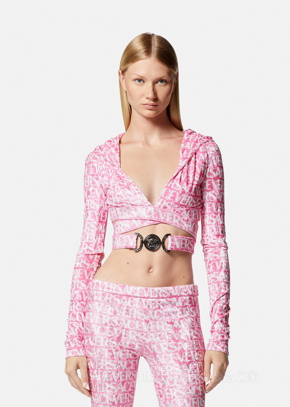 Versace Allover天鹅绒短款连帽衫