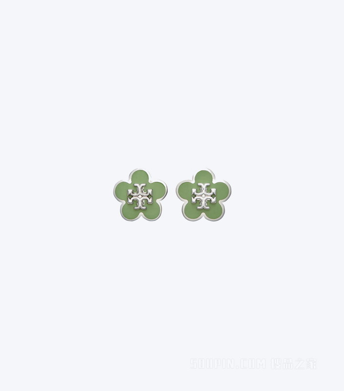 Kira 花朵珐琅耳钉 Tory 银/枝叶绿