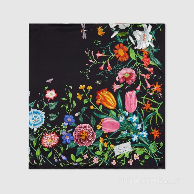 花卉印花真丝披肩 黑色和多色