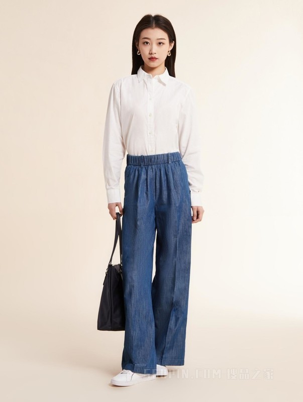 23新款春季女装时尚简约金属标松紧腰直筒休闲裤76J4049