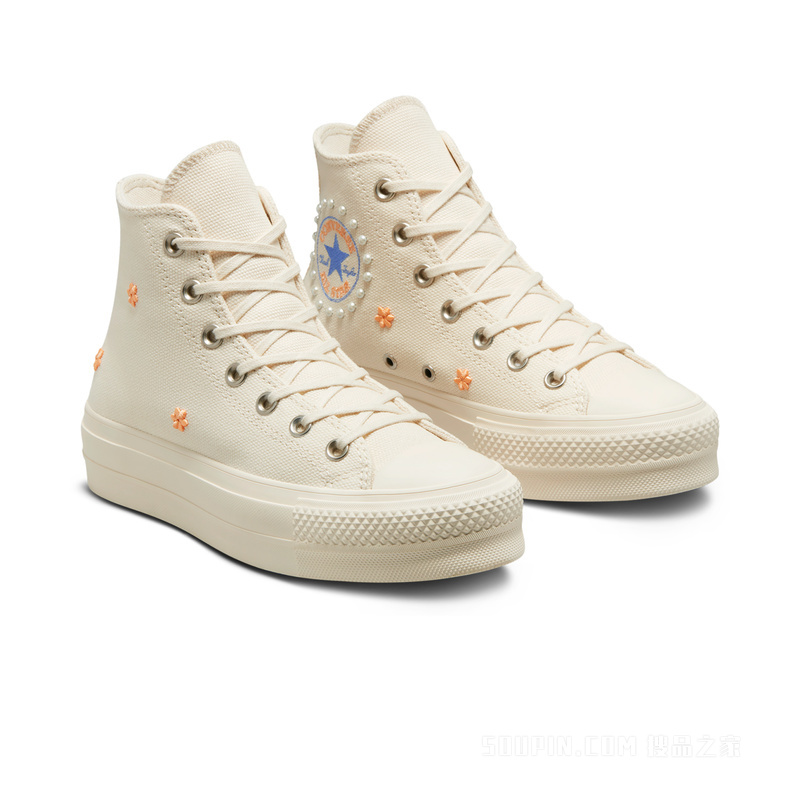 【女子】 All Star Lift女刺绣花卉厚底鞋 女款 白色