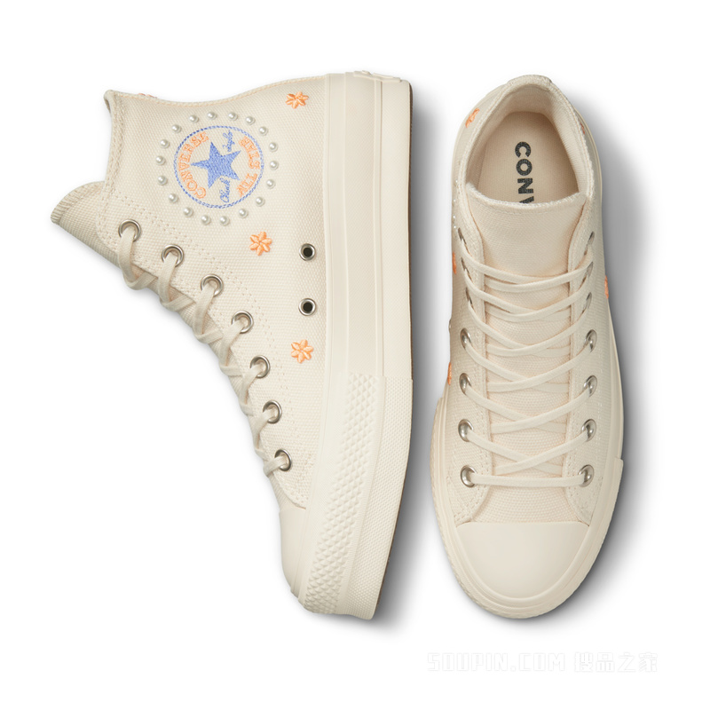 【女子】 All Star Lift女刺绣花卉厚底鞋 女款 白色