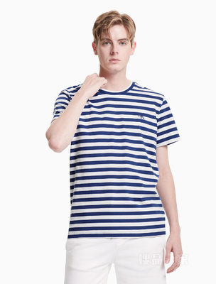 Calvin Klein 男装休闲时尚海军风格条纹圆领短袖T恤 J318114