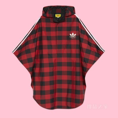adidas x Gucci联名系列方格纹尼龙斗篷大衣 红色和黑色