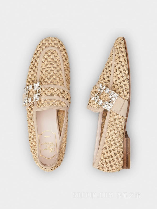 Mini Broche Vivier 钻扣拉菲草乐福鞋 米黄色