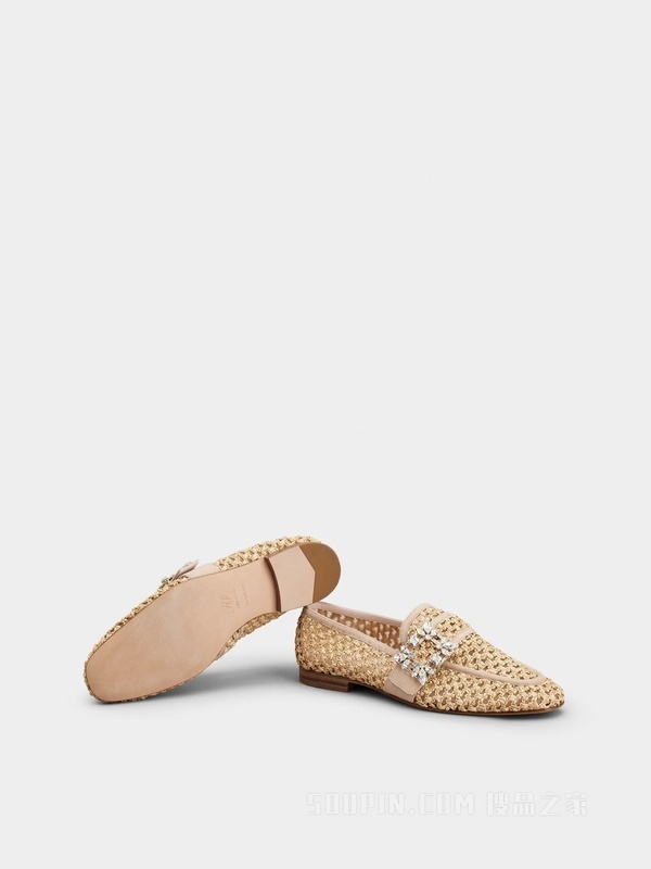 Mini Broche Vivier 钻扣拉菲草乐福鞋 米黄色