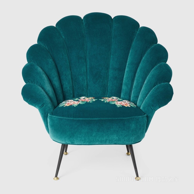 刺绣花朵天鹅绒扶手椅 灰色天鹅绒