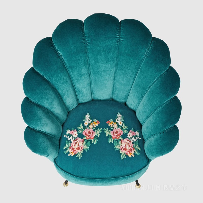 刺绣花朵天鹅绒扶手椅 灰色天鹅绒