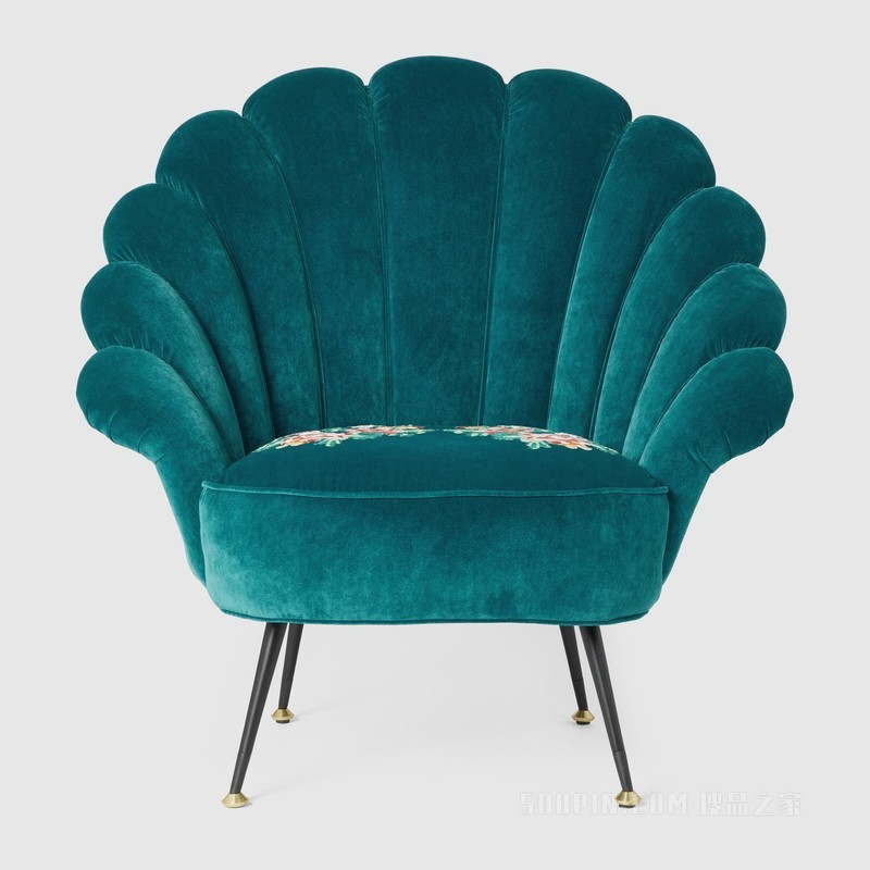 刺绣花朵天鹅绒扶手椅 灰色天鹅绒