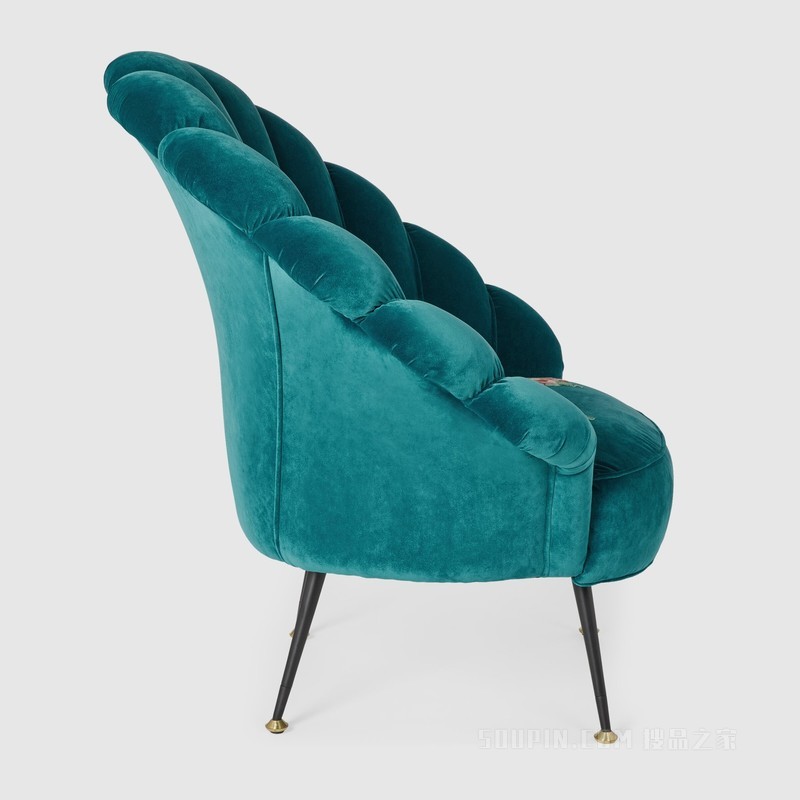 刺绣花朵天鹅绒扶手椅 灰色天鹅绒