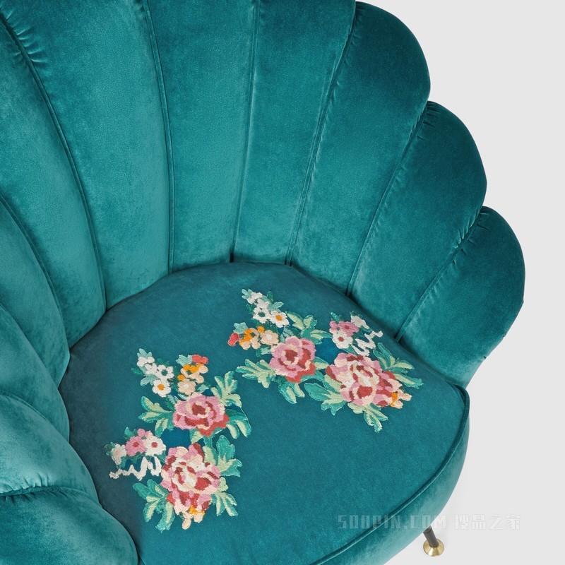 刺绣花朵天鹅绒扶手椅 灰色天鹅绒