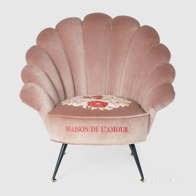 刺绣花朵天鹅绒扶手椅 复古粉天鹅绒