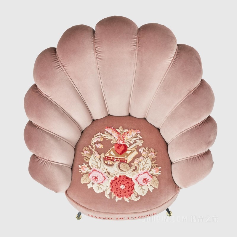 刺绣花朵天鹅绒扶手椅 复古粉天鹅绒