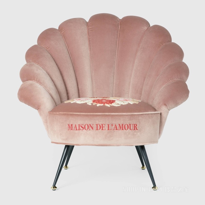 刺绣花朵天鹅绒扶手椅 复古粉天鹅绒