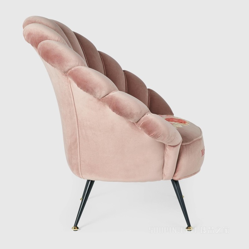 刺绣花朵天鹅绒扶手椅 复古粉天鹅绒