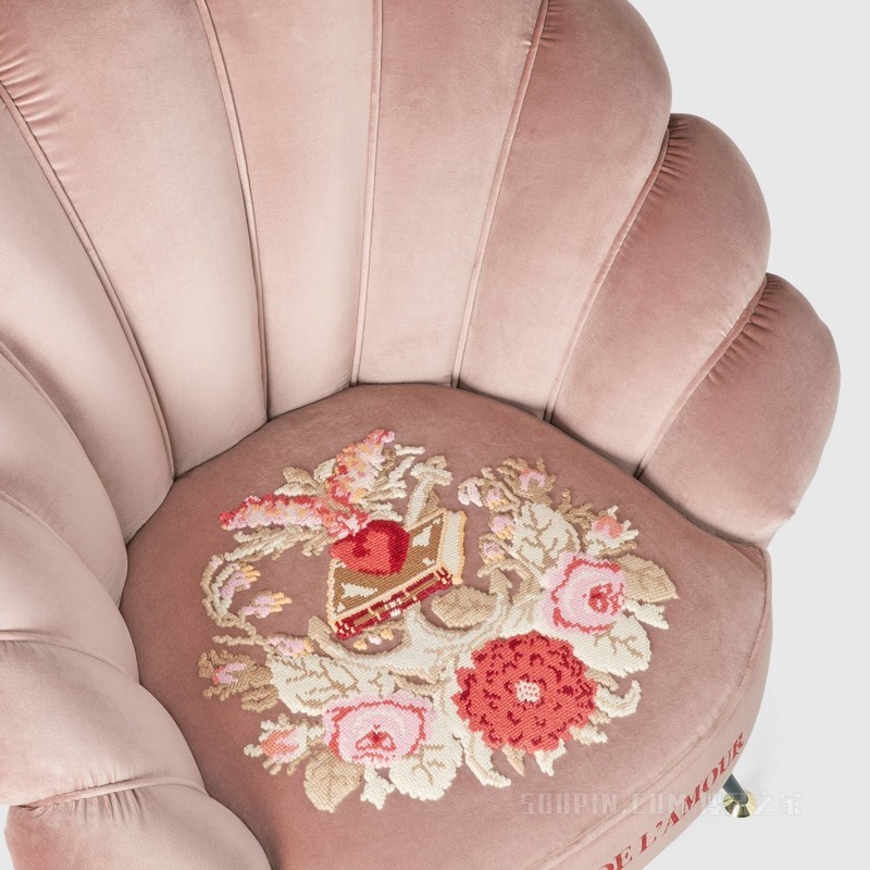 刺绣花朵天鹅绒扶手椅 复古粉天鹅绒