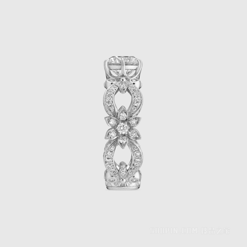 Gucci花卉造型18k白金单钻戒指 白金