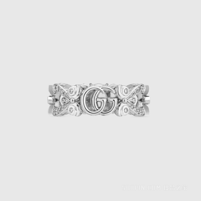 Gucci花卉造型18k白金单钻戒指 白金