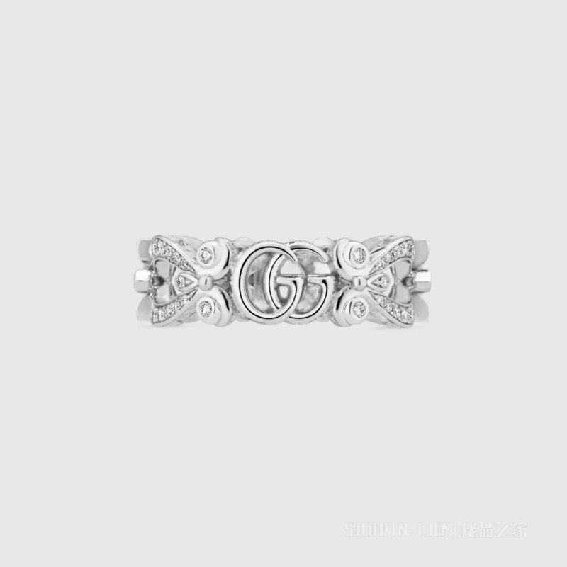 Gucci花卉造型18k白金单钻戒指 白金