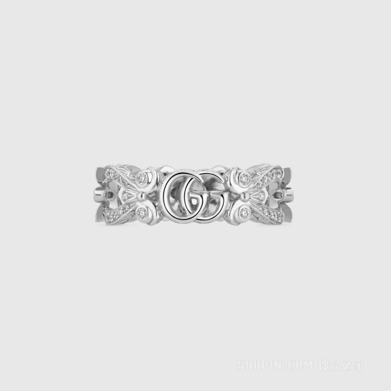 Gucci花卉造型18k白金单钻戒指 白金