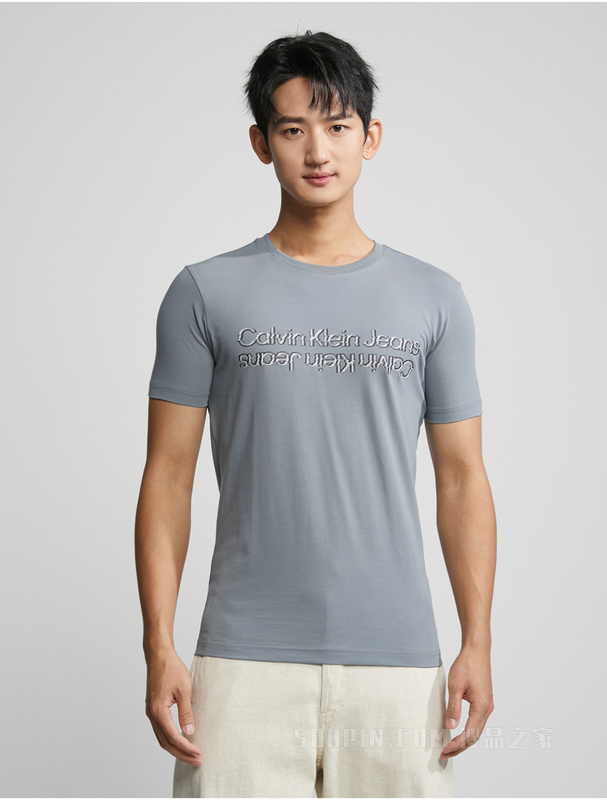 Calvin Klein 23春季新款男士时尚正反重影LOGO印花修身短袖T恤J323250