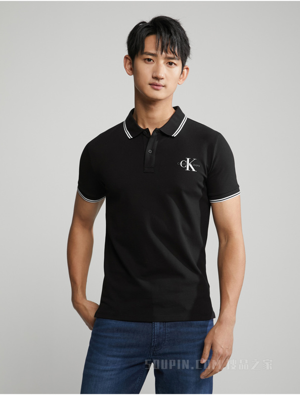Calvin Klein 23春季男士时尚交叠LOGO镶边翻领修身短袖POLO衫J324245