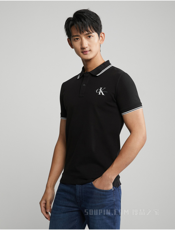 Calvin Klein 23春季男士时尚交叠LOGO镶边翻领修身短袖POLO衫J324245