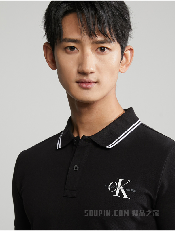 Calvin Klein 23春季男士时尚交叠LOGO镶边翻领修身短袖POLO衫J324245