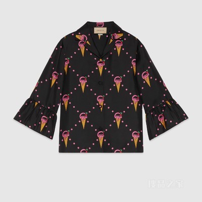 饰Gucci冰激凌印花真丝衬衫 黑色