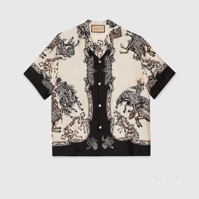 印花真丝保龄球衬衫 象牙白色和黑色