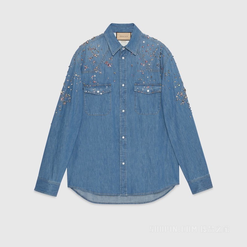 星座图案刺绣牛仔衬衫 蓝色