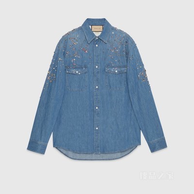星座图案刺绣牛仔衬衫 蓝色