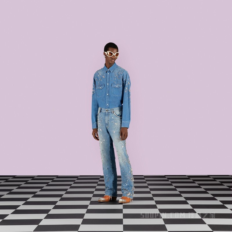 星座图案刺绣牛仔衬衫 蓝色