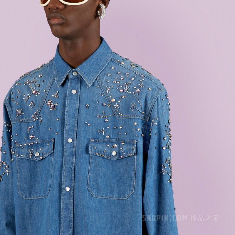 星座图案刺绣牛仔衬衫 蓝色