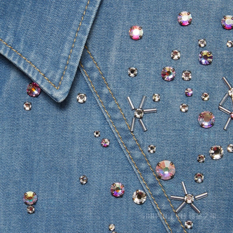 星座图案刺绣牛仔衬衫 蓝色
