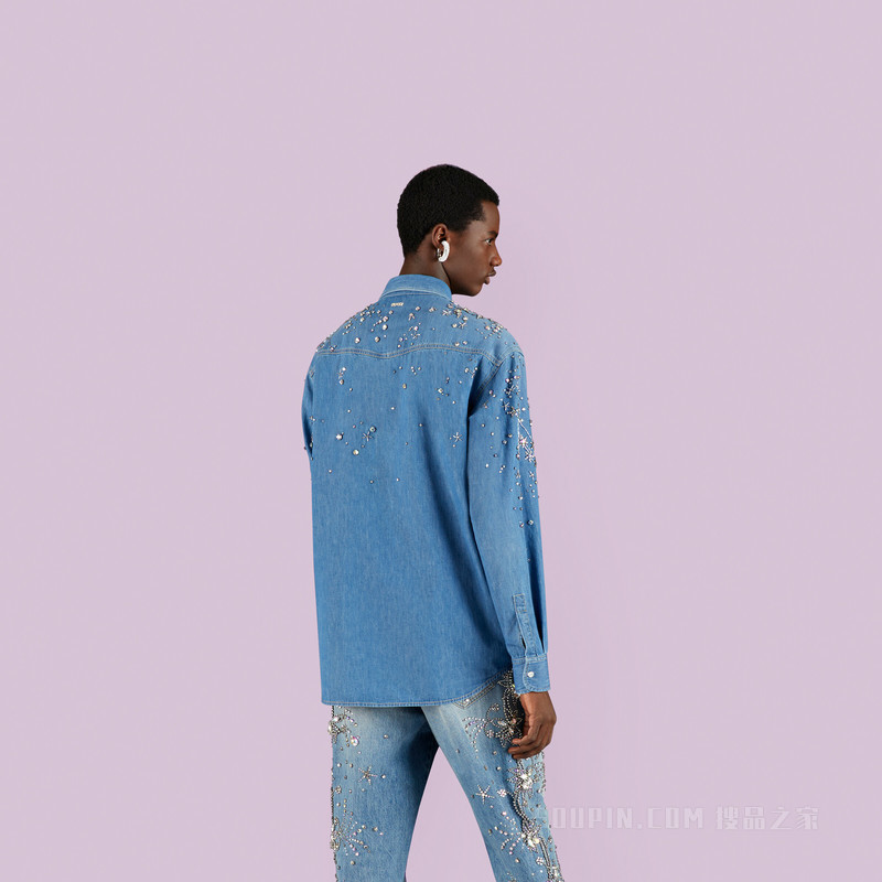 星座图案刺绣牛仔衬衫 蓝色