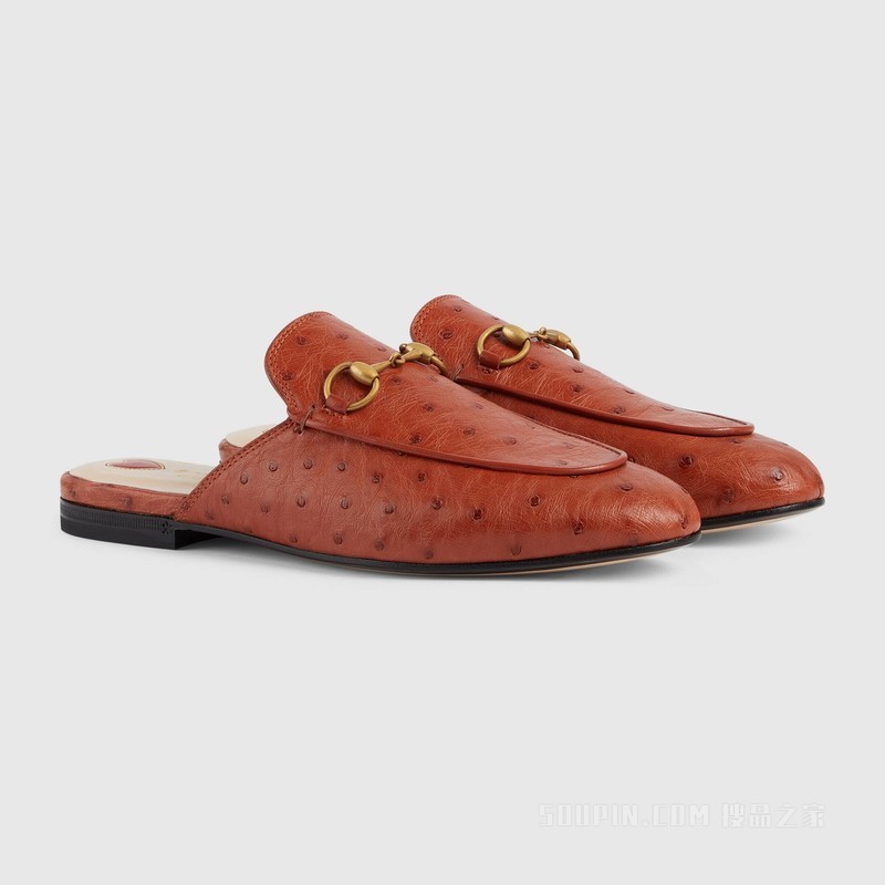 Princetown系列女士鸵鸟皮拖鞋 暗橘色