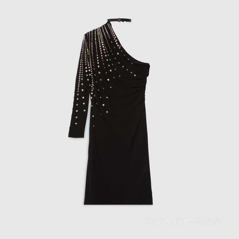 饰水晶人造丝针织连衣裙 黑色