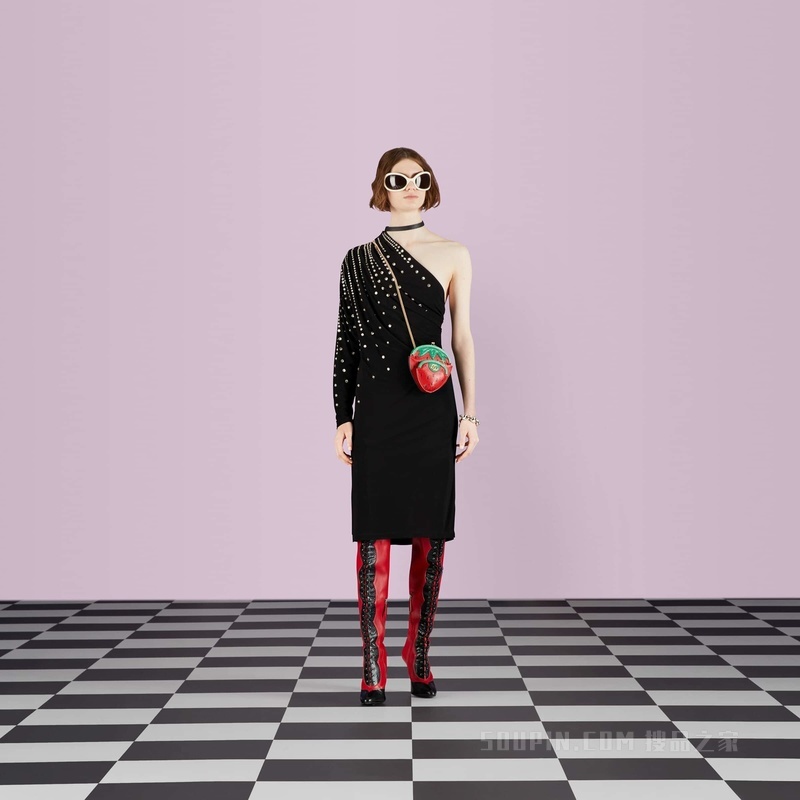 饰水晶人造丝针织连衣裙 黑色