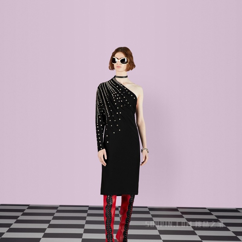 饰水晶人造丝针织连衣裙 黑色