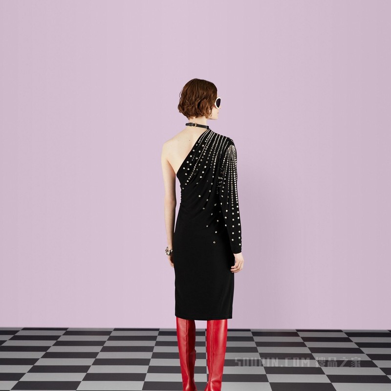 饰水晶人造丝针织连衣裙 黑色