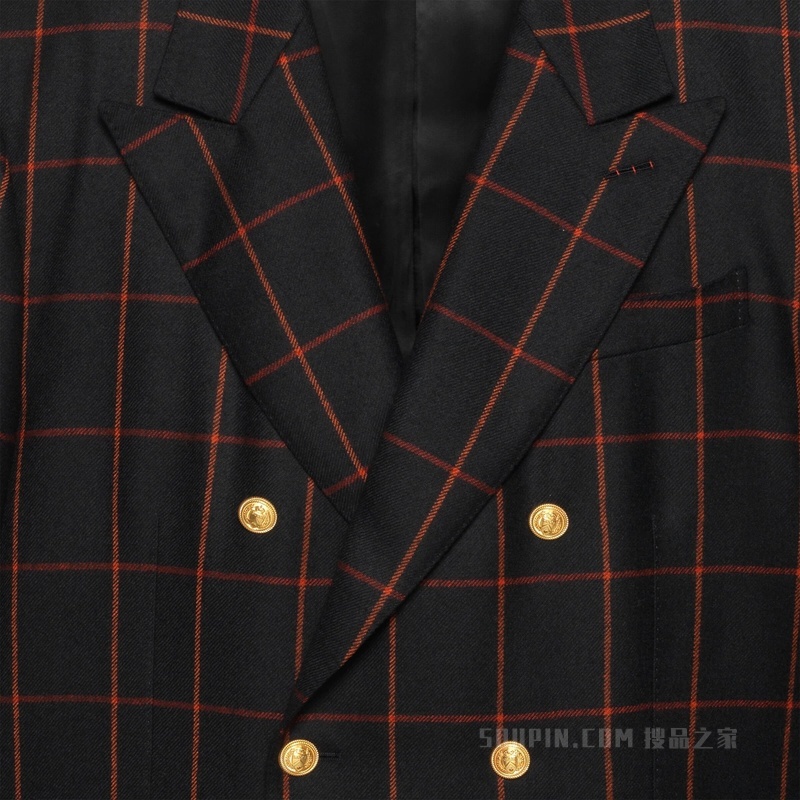 格纹羊毛双排扣夹克 黑色和红色