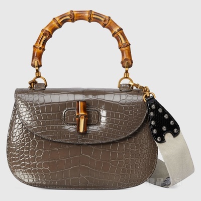 Gucci Bamboo 1947系列竹节鳄鱼皮中号手袋 深棕色