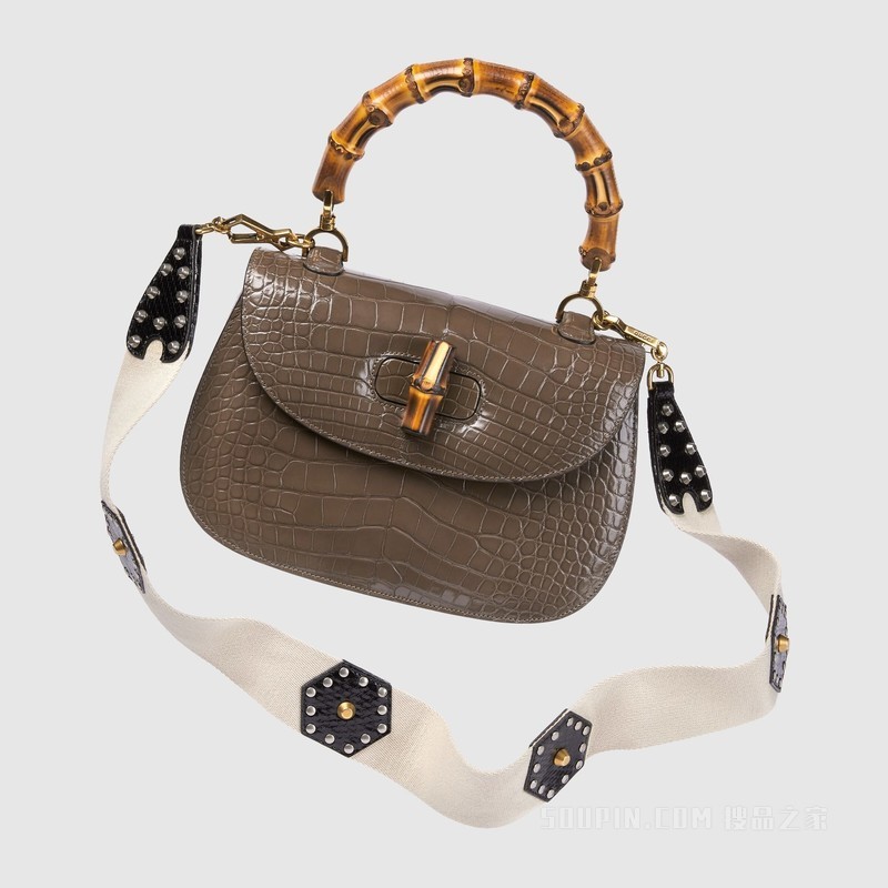 Gucci Bamboo 1947系列竹节鳄鱼皮中号手袋 深棕色