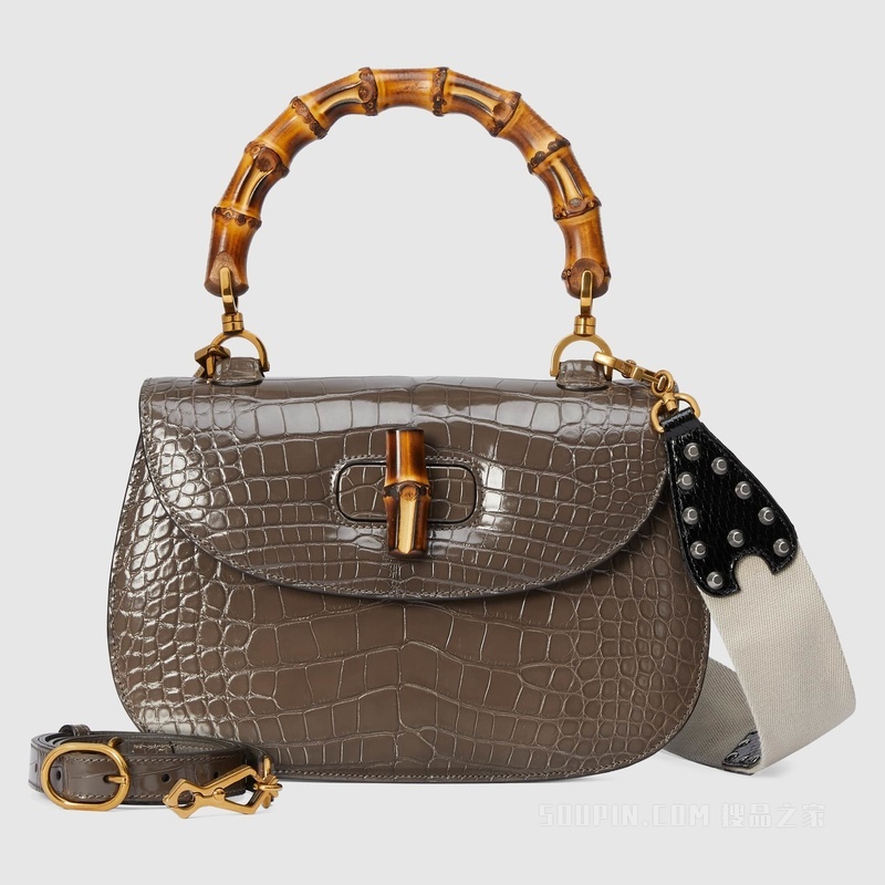 Gucci Bamboo 1947系列竹节鳄鱼皮中号手袋 深棕色