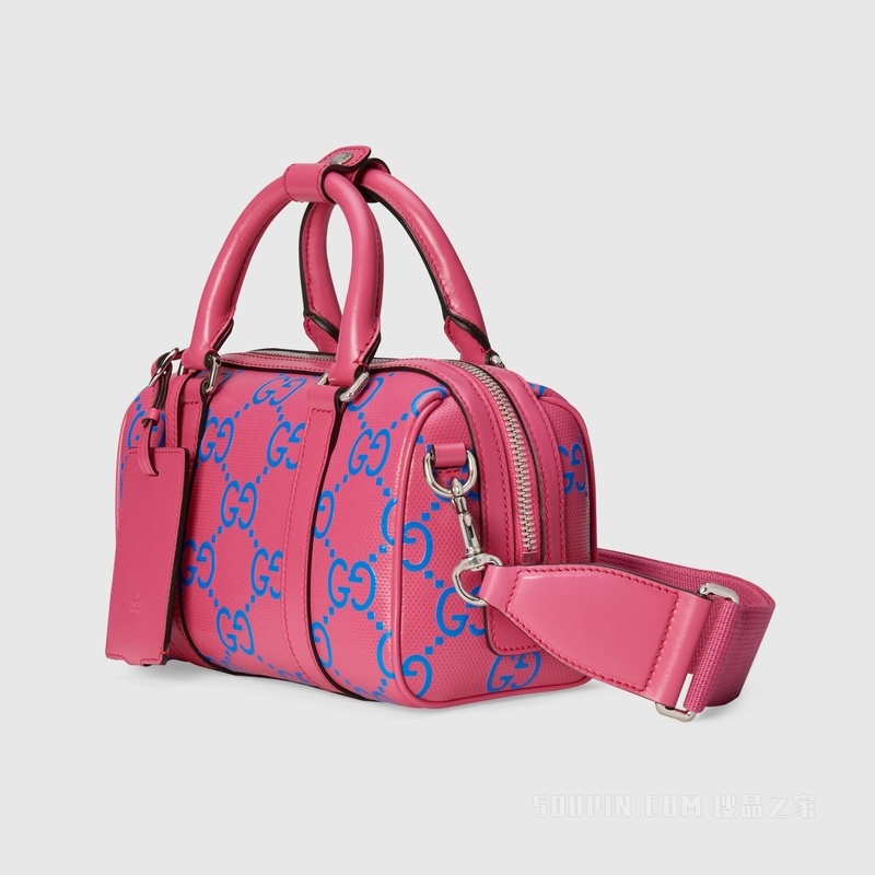 GG印花压纹行李袋 紫红色和蓝色皮革