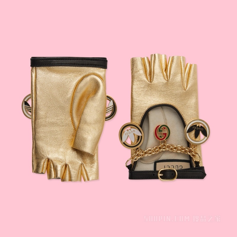 adidas x Gucci联名系列皮革手套 金色和黑色