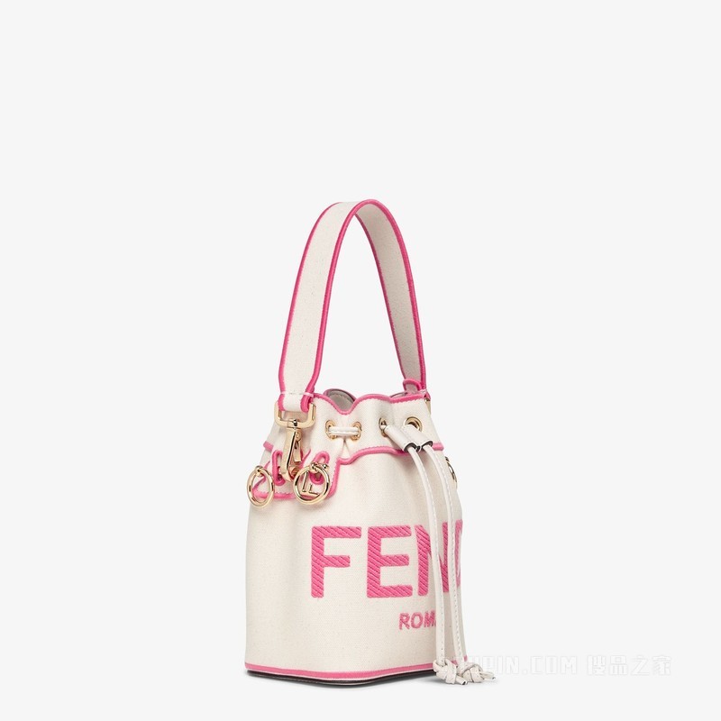 Mon Tresor 米色帆布迷你手袋，饰有Fendi Roma刺绣