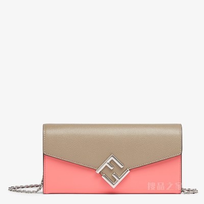 FF Diamonds链条长款皮夹 粉红色和鸽子灰双色皮革皮夹