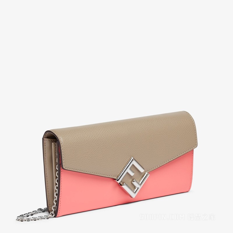 FF Diamonds链条长款皮夹 粉红色和鸽子灰双色皮革皮夹